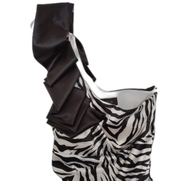 Women's B. Darlin Black and White Zebra Print one shoulder Formal Prom Dress 7/8 - Picture 2 of 6